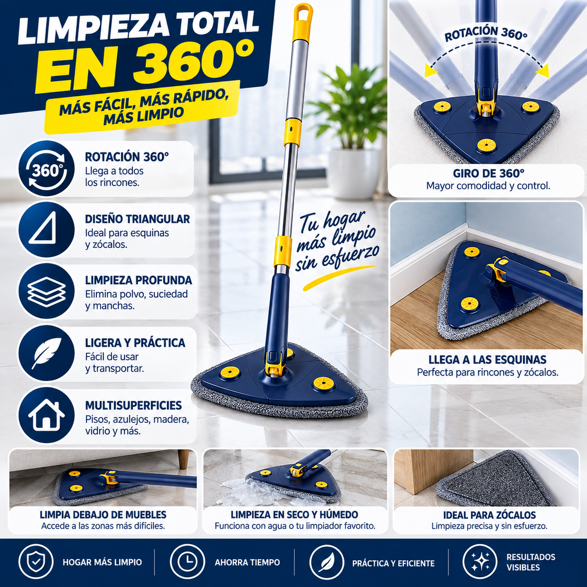 Fregona Triangular 360° + 3 Recambios Gratis
