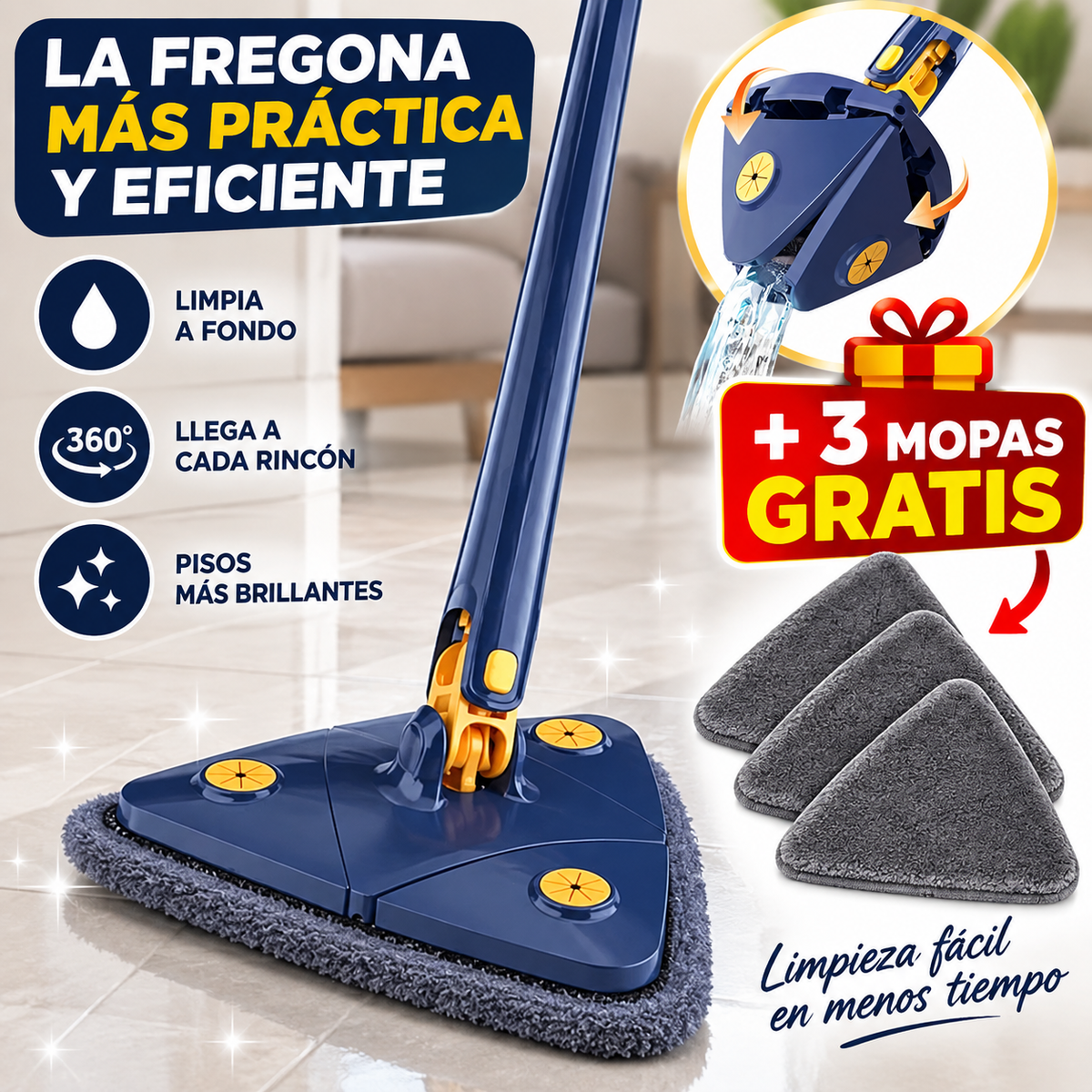Fregona Triangular 360° + 3 Recambios Gratis